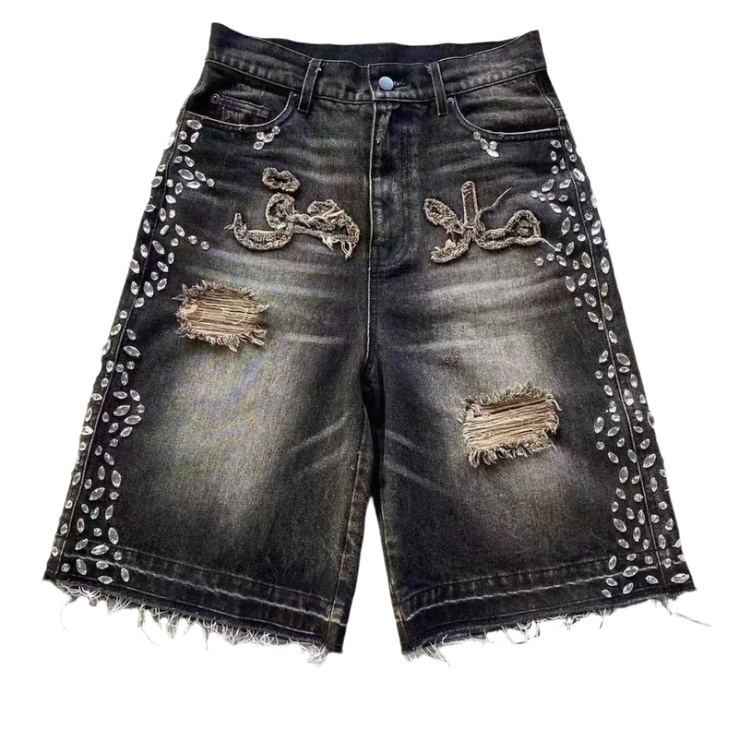Diamond Studded Wash Jeans Jort