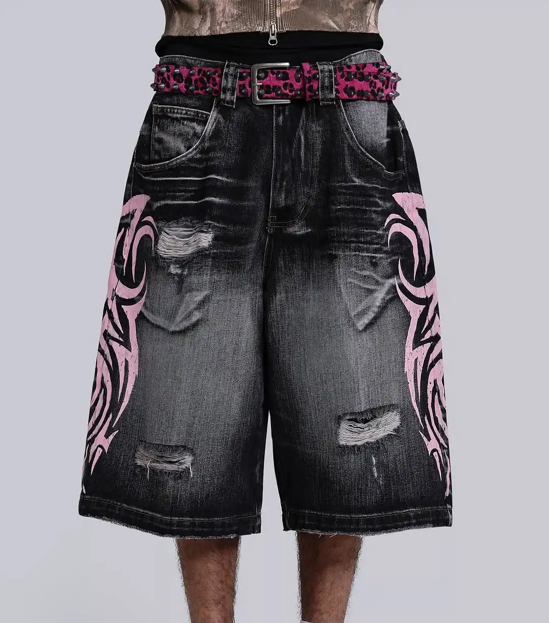 Y2K Popular Masonry Design Denim Shorts Patch Vintage Shorts Men Women Street Hip Hop Fashion Harajuku Punk Loose Wide Leg Pants