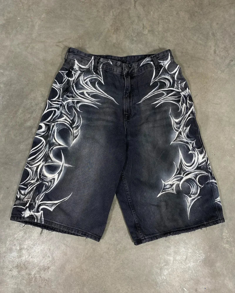 Y2K Popular Masonry Design Denim Shorts Patch Vintage Shorts Men Women Street Hip Hop Fashion Harajuku Punk Loose Wide Leg Pants