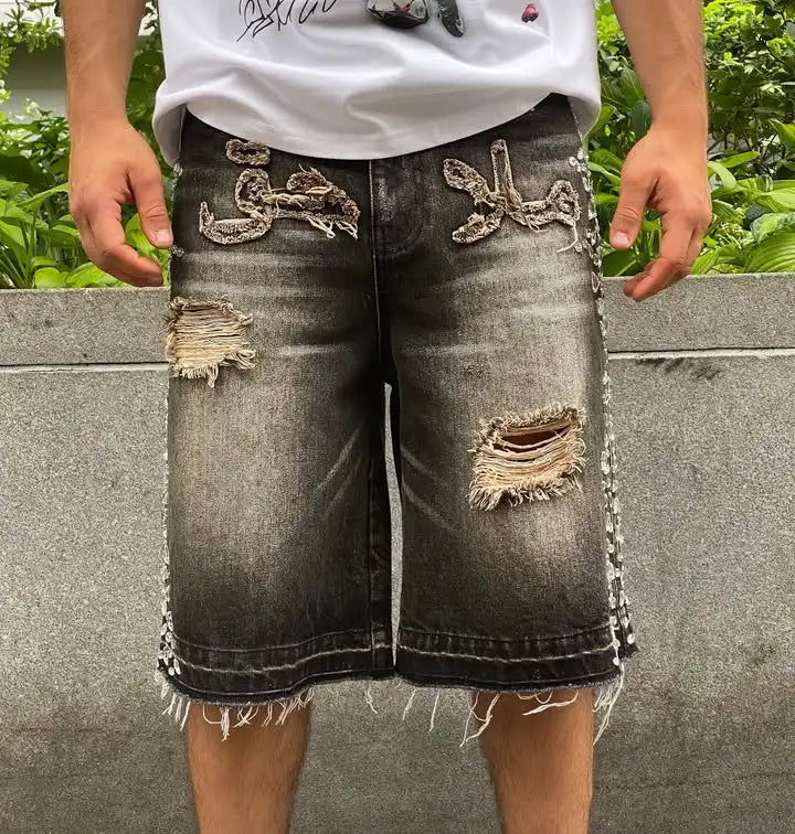 Diamond Studded Wash Jeans Jort