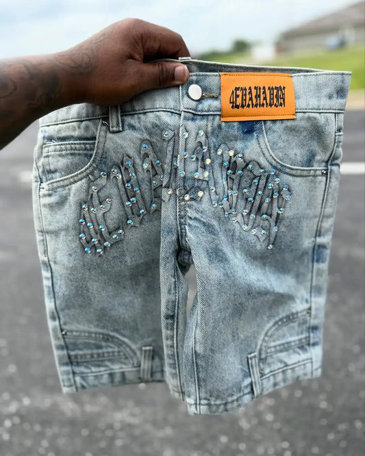 Y2K Popular Masonry Design Denim Shorts Patch Vintage Shorts Men Women Street Hip Hop Fashion Harajuku Punk Loose Wide Leg Pants