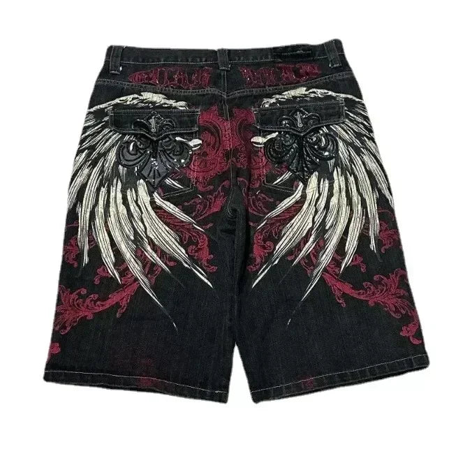 Y2K Popular Masonry Design Denim Shorts Patch Vintage Shorts Men Women Street Hip Hop Fashion Harajuku Punk Loose Wide Leg Pants