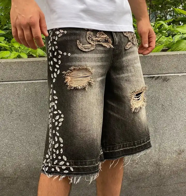 Diamond Studded Wash Jeans Jort