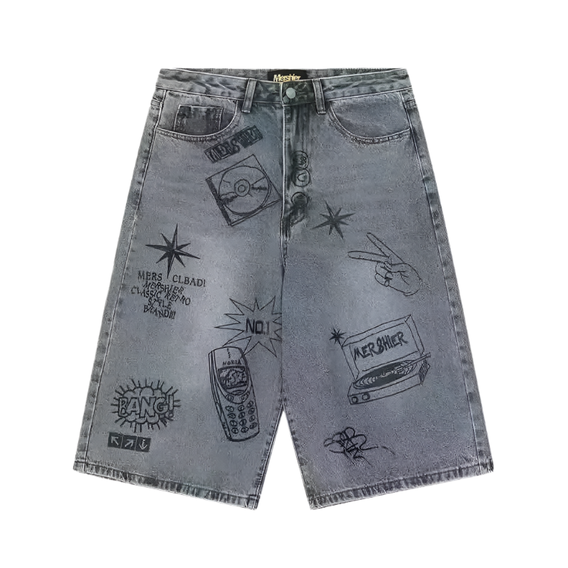 Diamond Studded Wash Jeans Jort