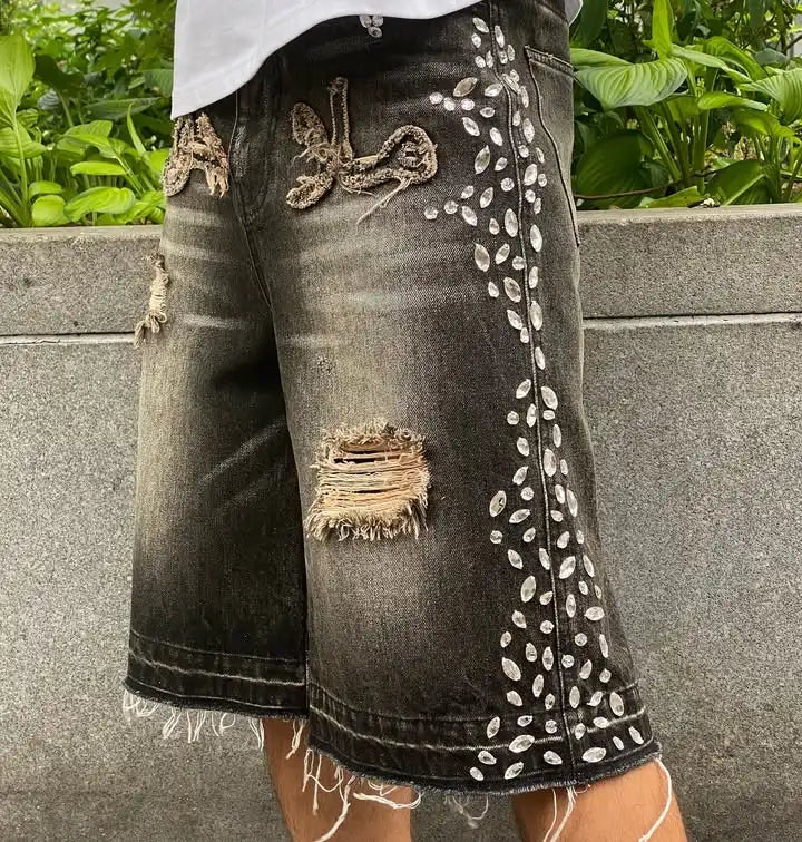 Diamond Studded Wash Jeans Jort